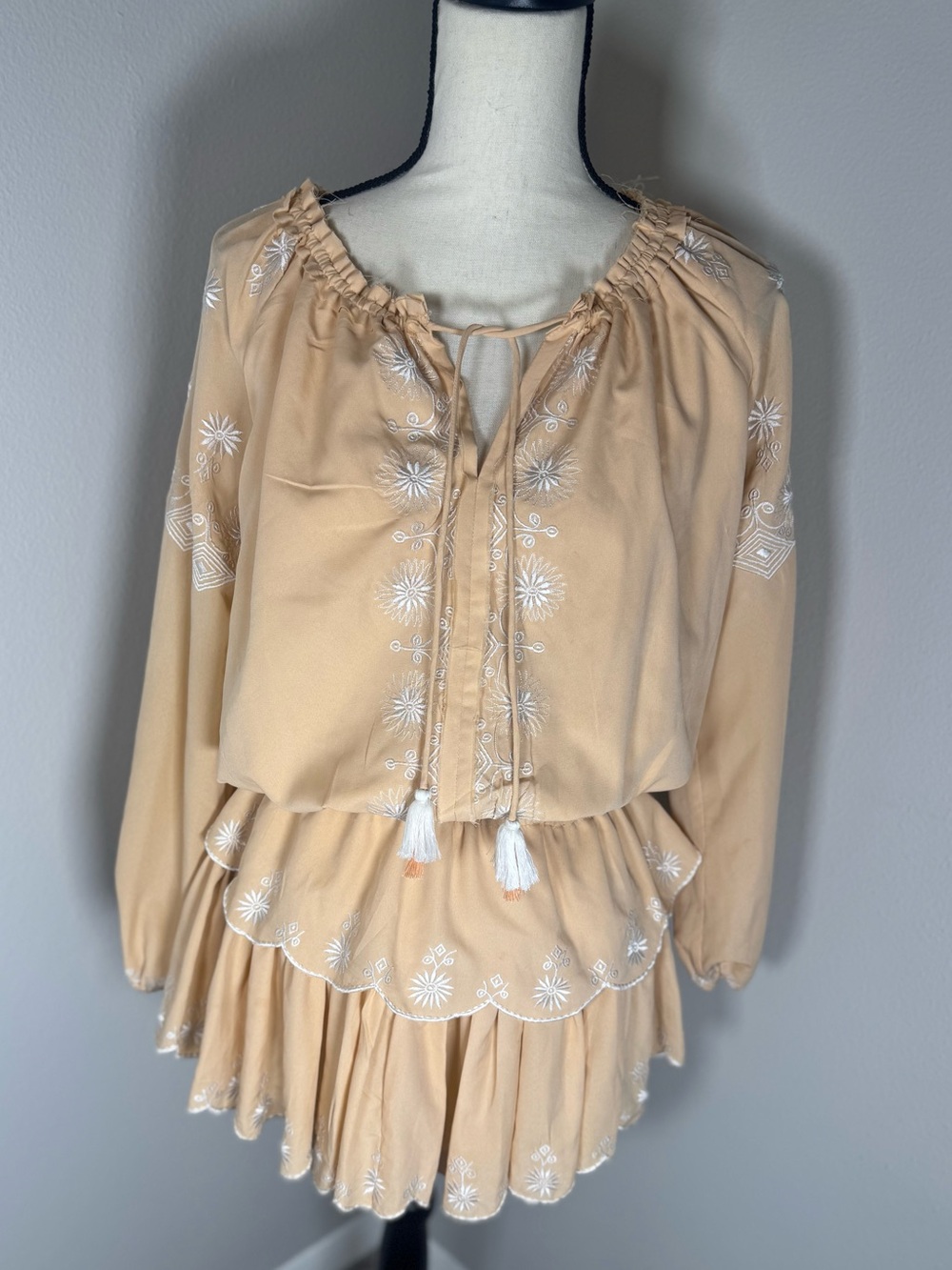 Kas New York Boho Embroidered Tassel Mini Dress XS Light Peach